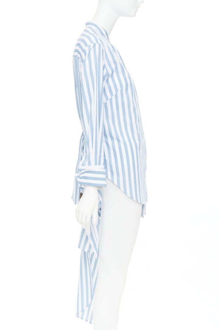 MONSE blue white striped cotton asymmetric hem draped dress shirt US0 XS