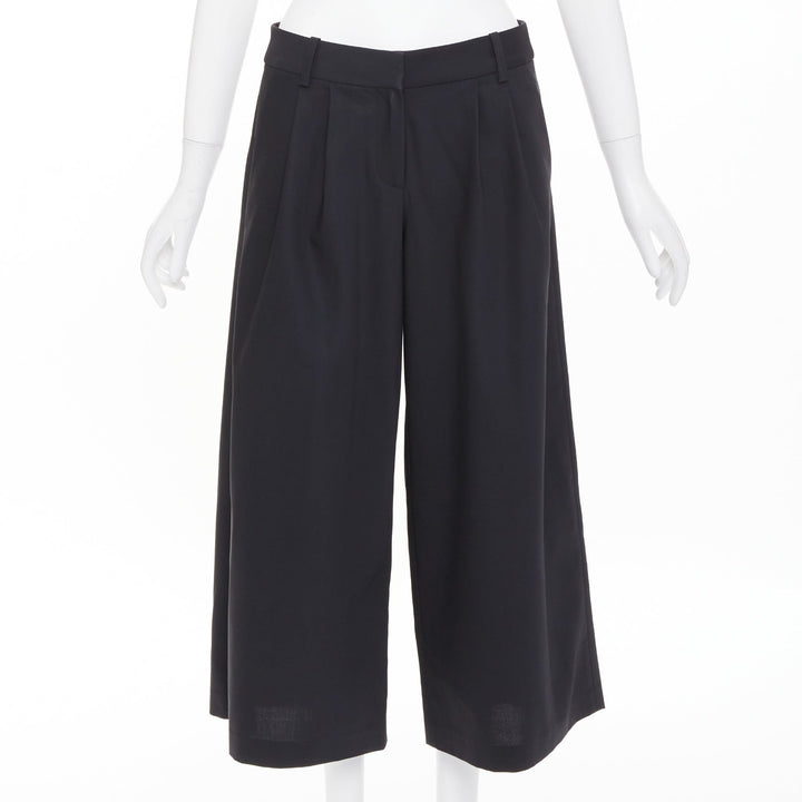 TIBI black low sheen fabric pleated front wide cropped trousers culottes US0 XS