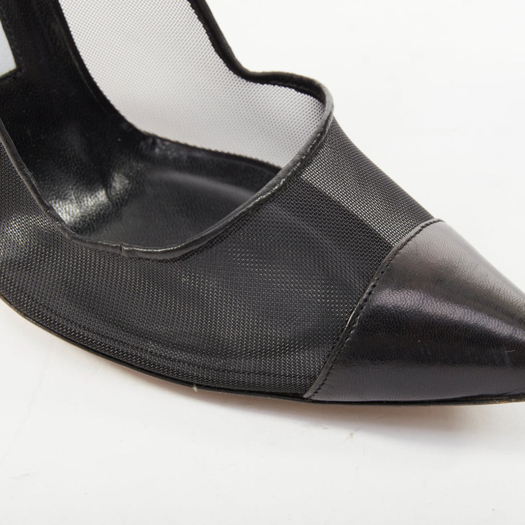 MANOLO BLAHNIK Capcour 90 black sheer mesh leather cap toe stiletto pumps EU37