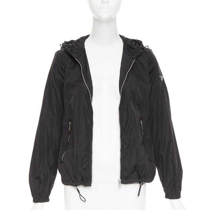 PRADA 2021 Re Nylon black silver triangle logo plague zip up windbreaker IT38 XS