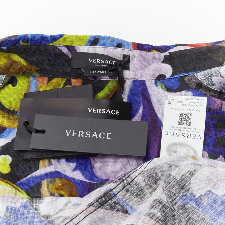 VERSACE 2021 Runway Baroccoflage colorful baroque floral linen shirt EU39 M