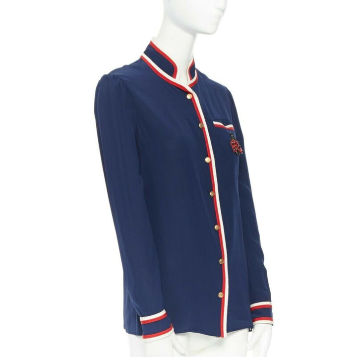 GUCCI navy tricolour ladybird ladybug embellish brooch badge silk shirt IT36 XXS