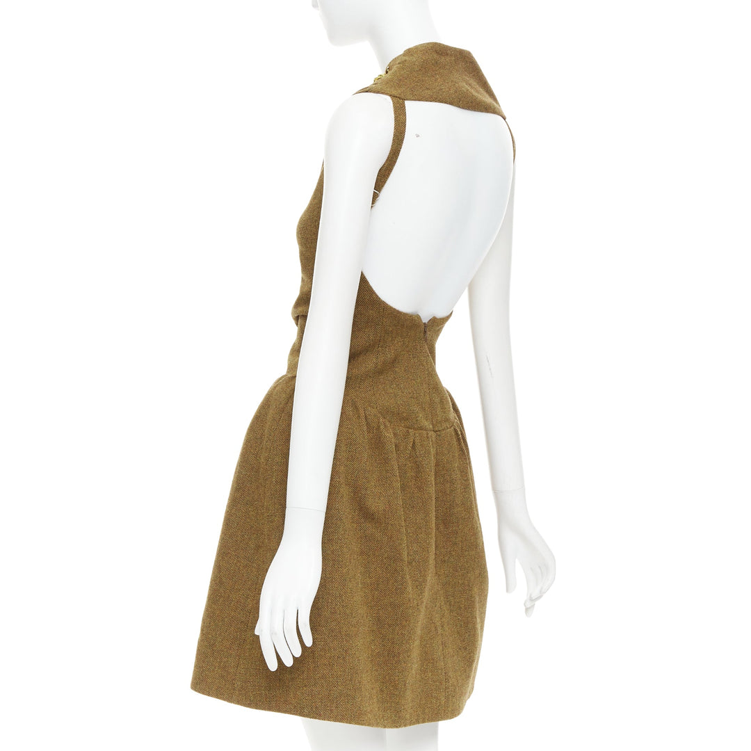 rare SHUSHU TONG Backless brown wool gold sequin fit flare dress UK6 XS