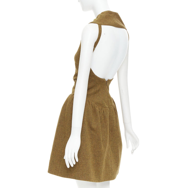 rare SHUSHU TONG Backless brown wool gold sequin fit flare dress UK6 XS