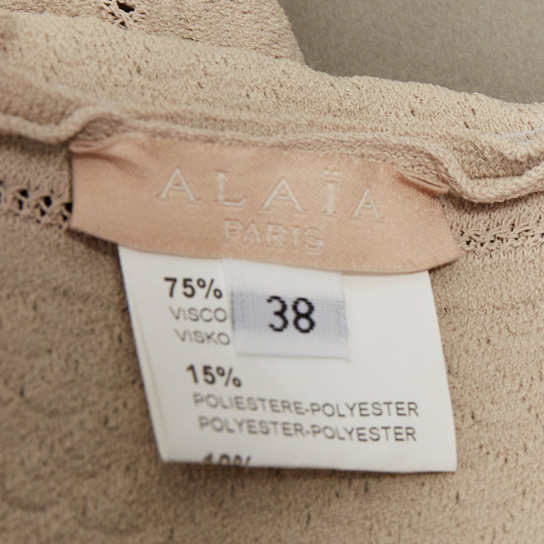 ALAIA beige viscose chevron cellular jacquard lattice scalloped dress FR38 M