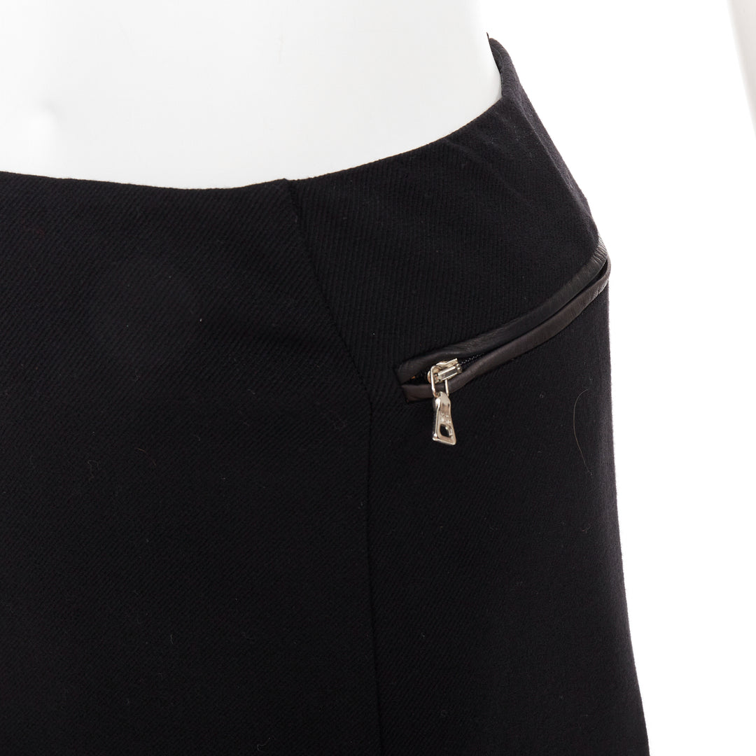 PRADA Vintage black wool minimal linear leather trim zip pocket skirt IT38 XS