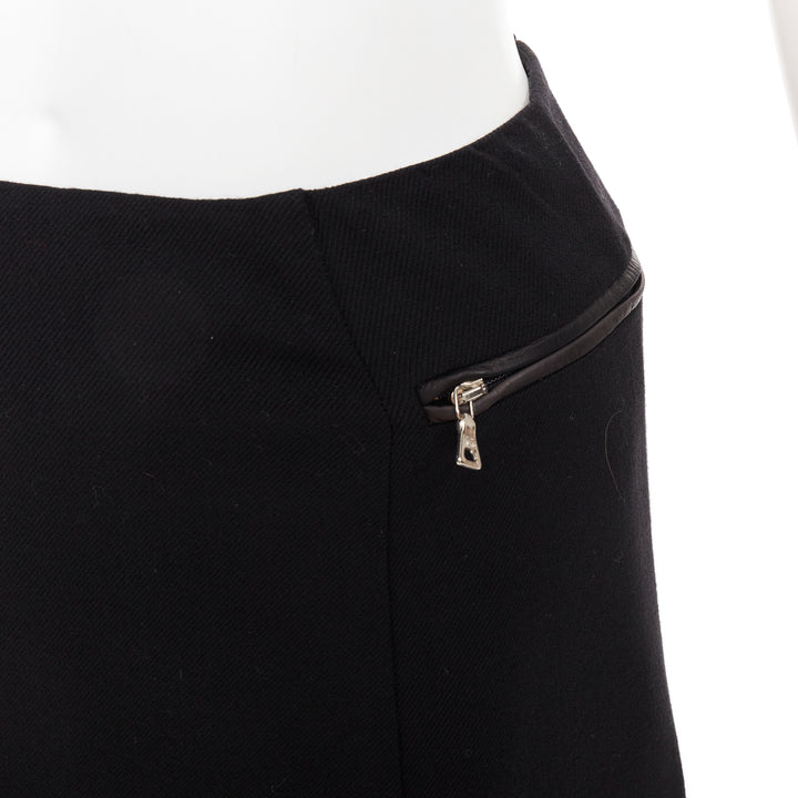PRADA Vintage black wool minimal linear leather trim zip pocket skirt IT38 XS