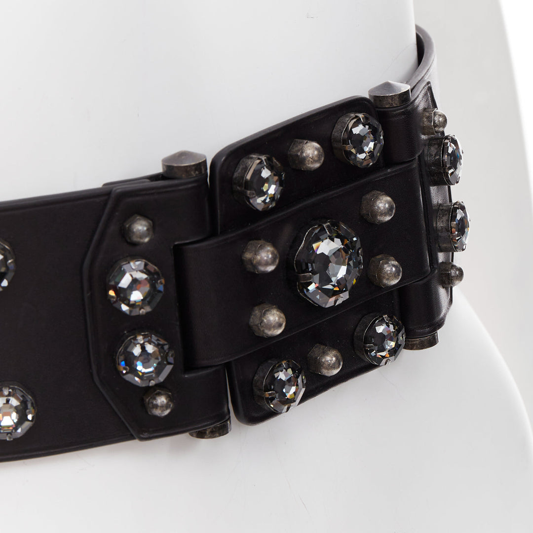 LANVIN black calfskin leather crystal embellished panelled statement belt S