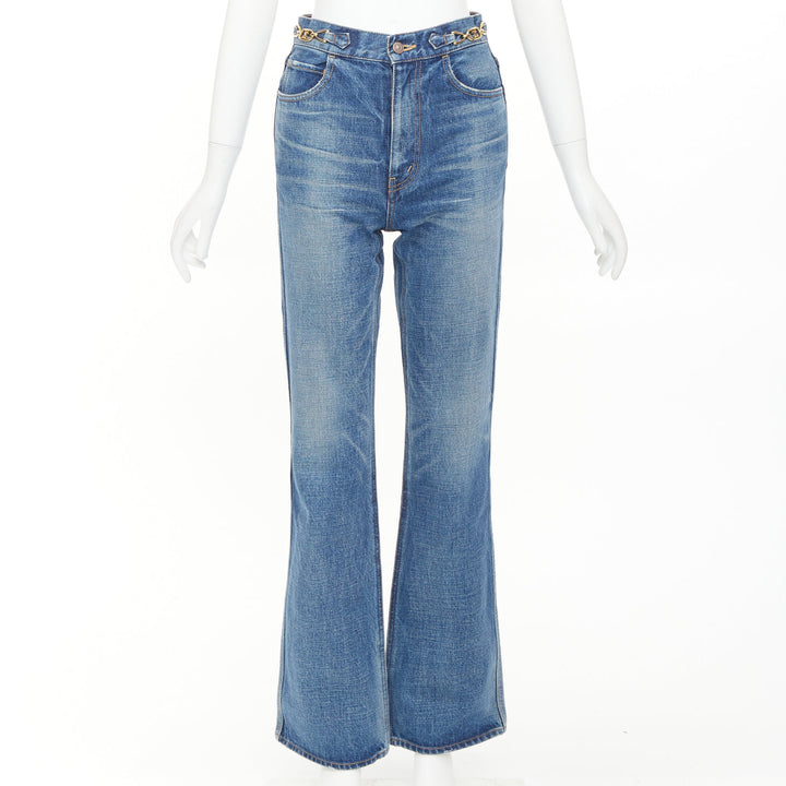 CELINE W_FL_003 N286 930F 07UW denim gold horsebit logo buckles flare jeans 26"