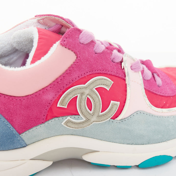 CHANEL 2018 pink blue suede fabric CC logo low top chunky sneakers EU38.5
