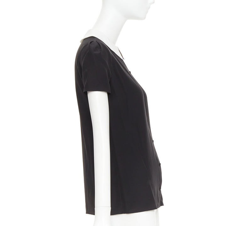 SAINT LAURENT 2014 black cream silk peter pan collar cap sleeve blouse FR36 S