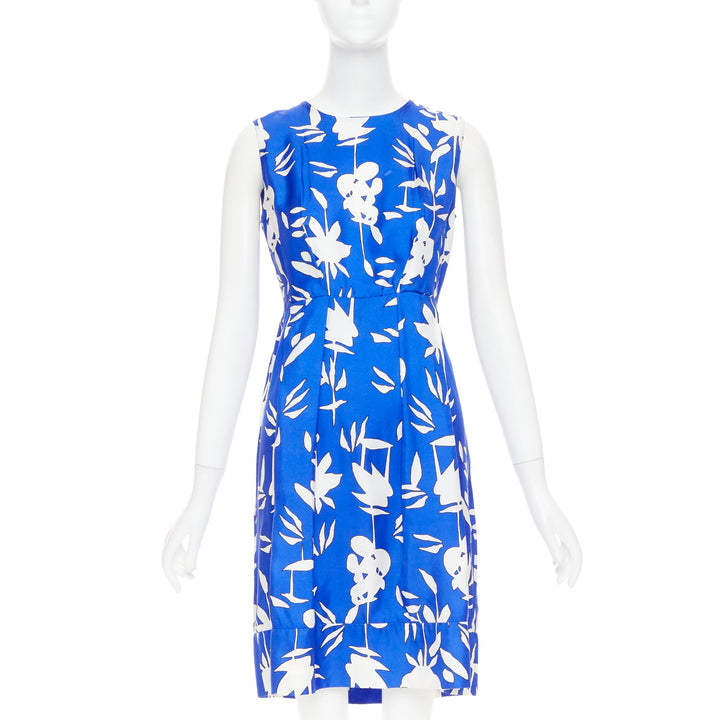 MARNI eletric blue white 100% silk abstrct floral pleated sheath dress IT42 M