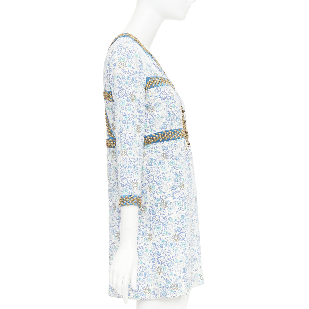 CHLOE Vintage blue cream gold studded floral harness detail open neck mini dress