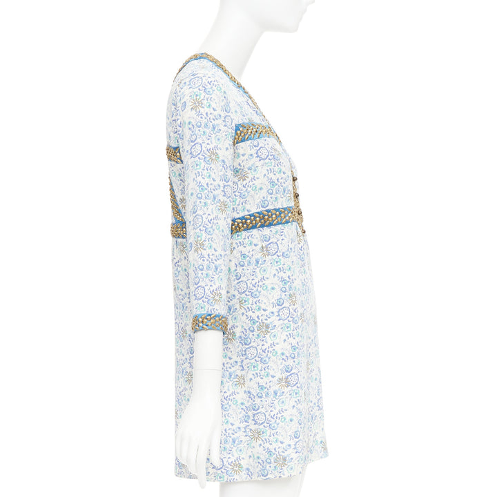 CHLOE Vintage blue cream gold studded floral harness detail open neck mini dress
