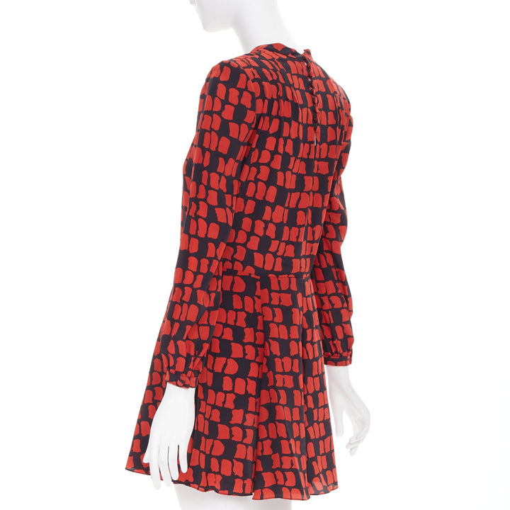 SAINT LAURENT 2012 red black geometric block silk shoulder padded dress FR34 XXS