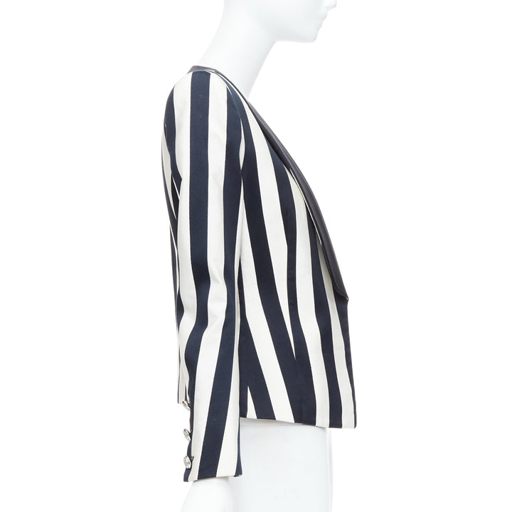 BALMAIN black white cotton blend bold striped power shoulder blazer FR38 M