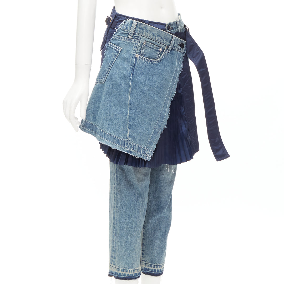 SACAI deconstructed denim pleated wrap skirt layered ripped jeans XS