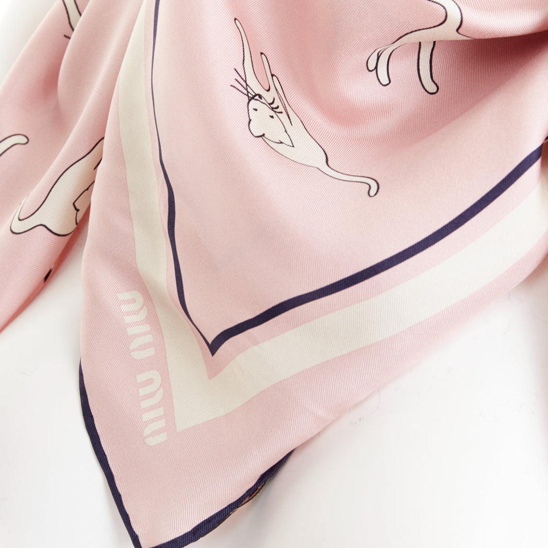 MIU MIU 2020 Whimsical Animal Cat Print silk twill light pink black  large scarf