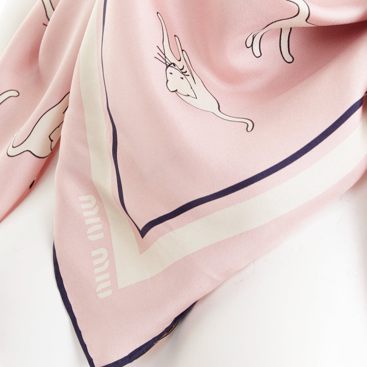 MIU MIU 2020 Whimsical Animal Cat Print silk twill light pink black  large scarf