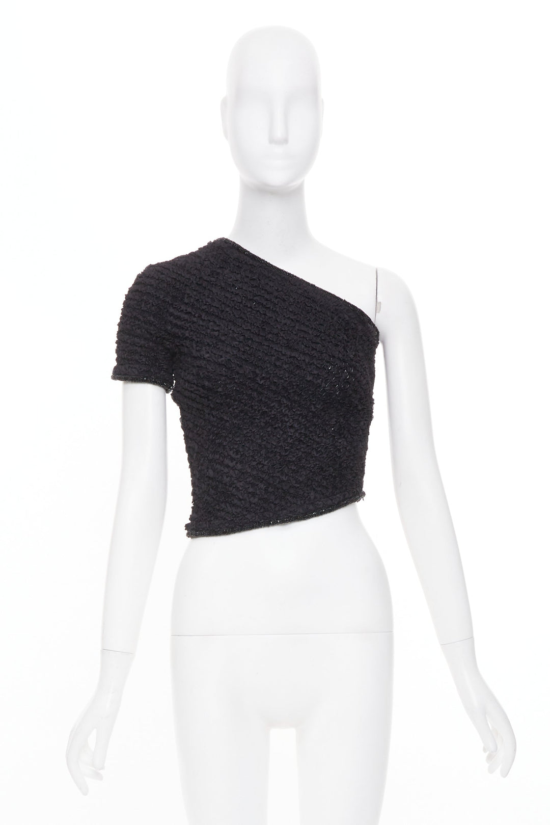 EMPORIO ARMANI 1999 Runway black shirred ruffle beaded asymmetric top IT38 XS