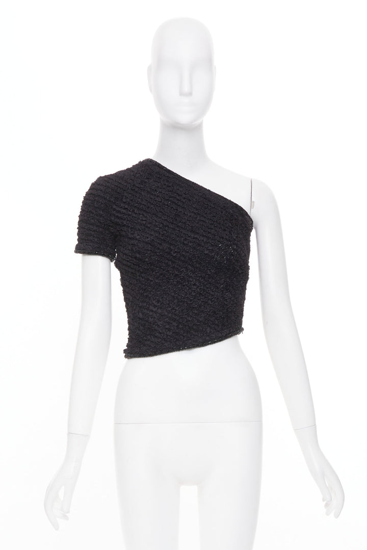 EMPORIO ARMANI 1999 Runway black shirred ruffle beaded asymmetric top IT38 XS