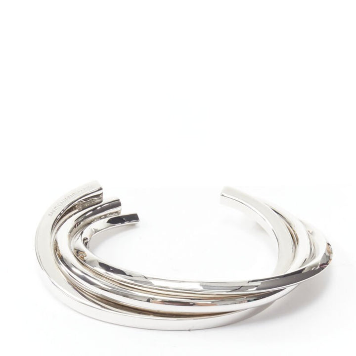 SAINT LAURENT Hedi Slimane silver brass architectural triple twist cuff bracelet