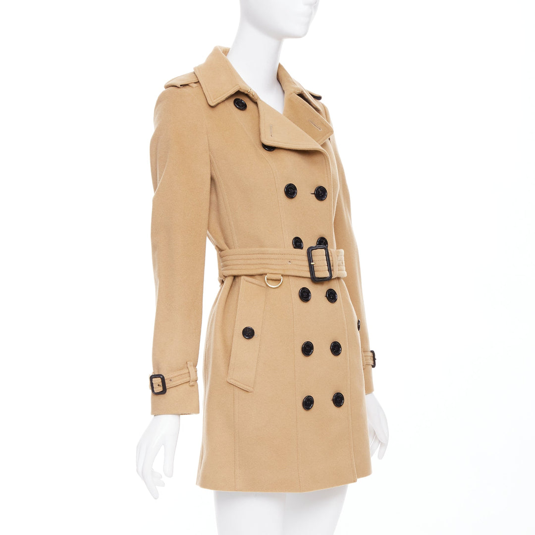 BURBERRY camel wool cashmere black logo buttons classic trench coat UK4 XXS