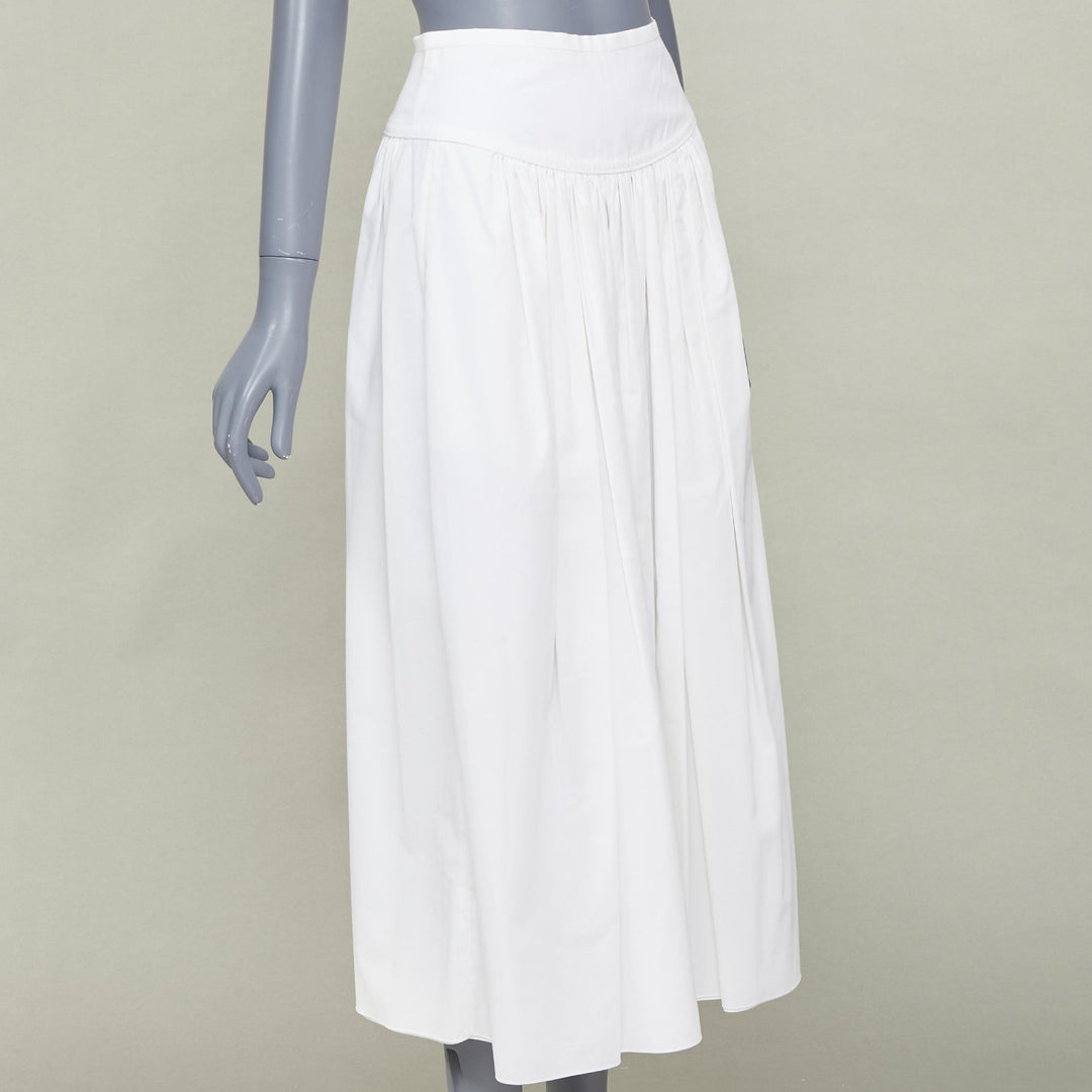 HERMES white cotton linen pleated drop waist casual flared midi skirt FR34 XS
