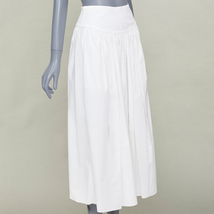 HERMES white cotton linen pleated drop waist casual flared midi skirt FR34 XS