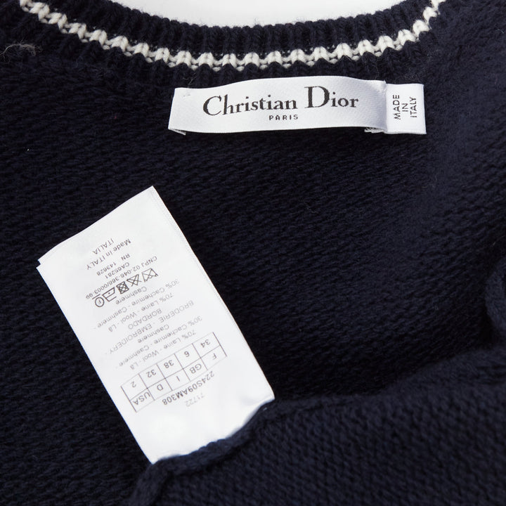 CHRISTIAN DIOR 2022 100% cashmere navy puff sleeve crew crop sweater FR34 XXS