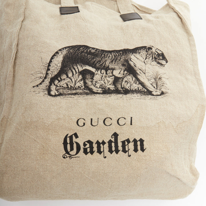 GUCCI Garden black tiger print beige linen canvas leather trim large tote bag