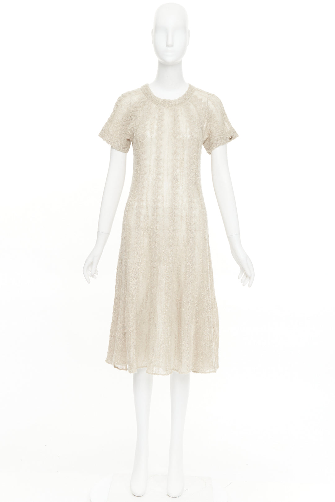 CHANEL cream beige alpaca blend textured knit CC short sleeve midi dress FR38 M