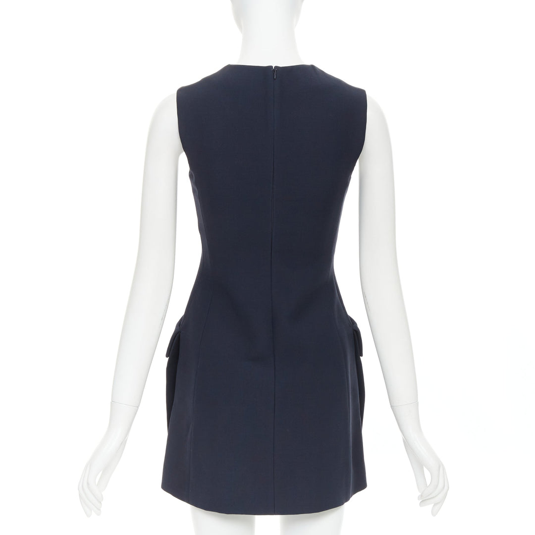 DIOR navy wool silk flap pocket darted slit sided sleeveless Aline dress FR34 XS