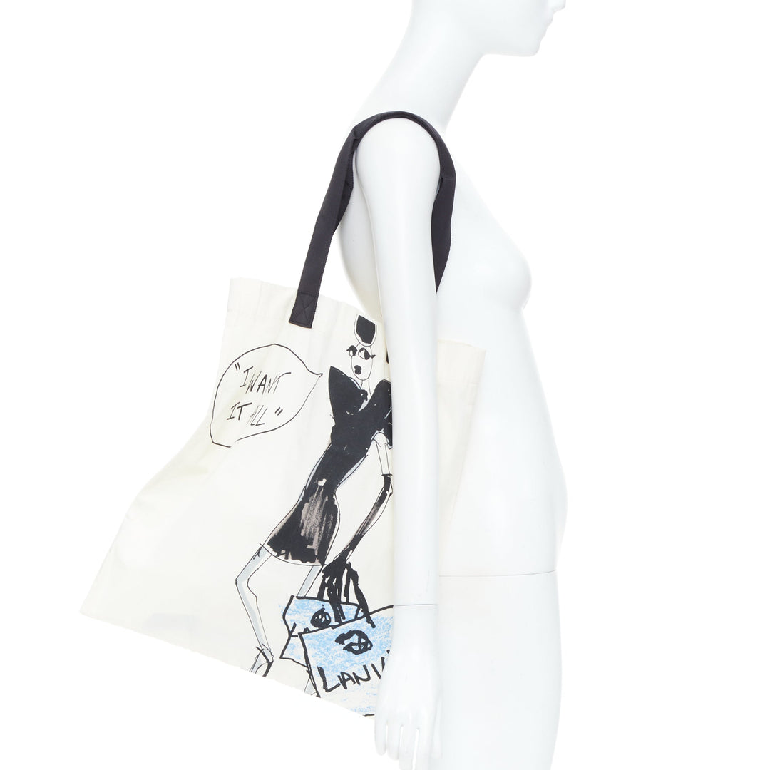 LANVIN I Want It All fashion sketch printed cotton canvas grosgrain tote bag