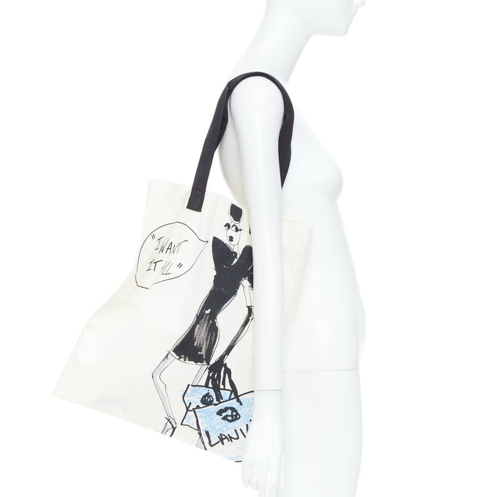 LANVIN I Want It All fashion sketch printed cotton canvas grosgrain tote bag