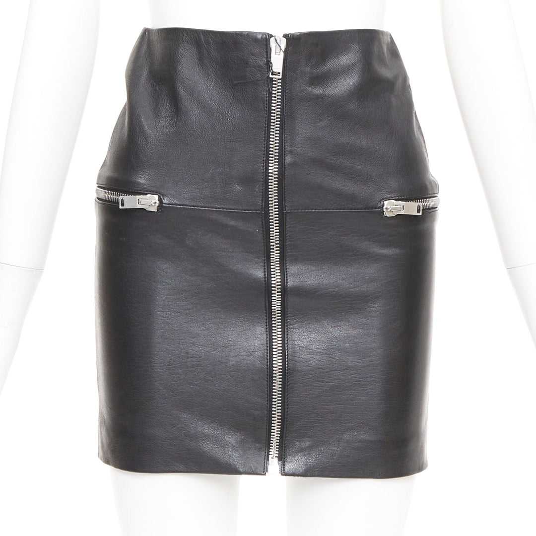 SAINT LAURENT 2014 lambskin leather exposed silver zip high waist skirt FR 34 XS