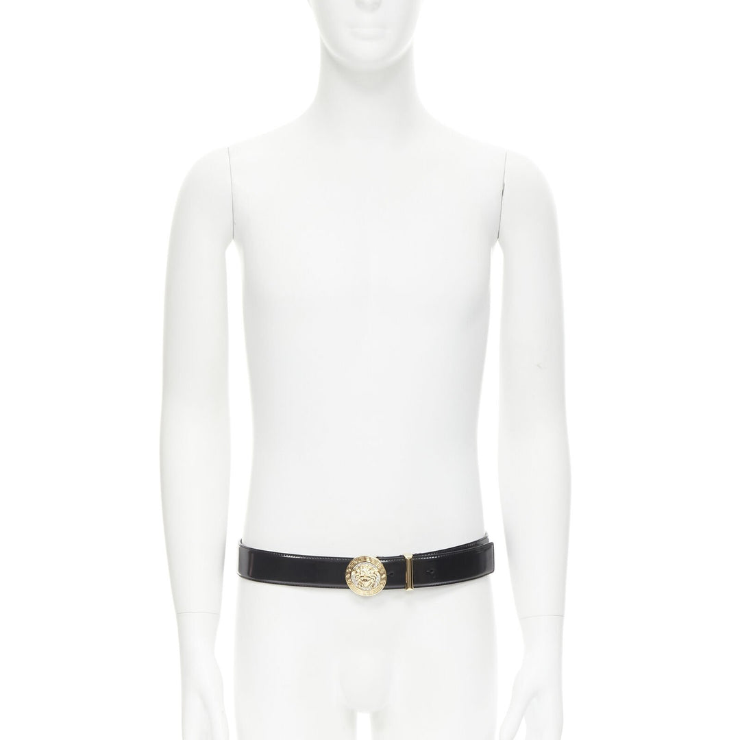 VERSACE Medusa Biggie crystal gold coin black leather belt 90cm 34-38"