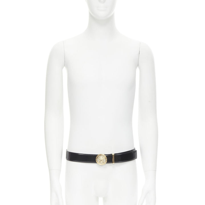 VERSACE Medusa Biggie crystal gold coin black leather belt 90cm 34-38"