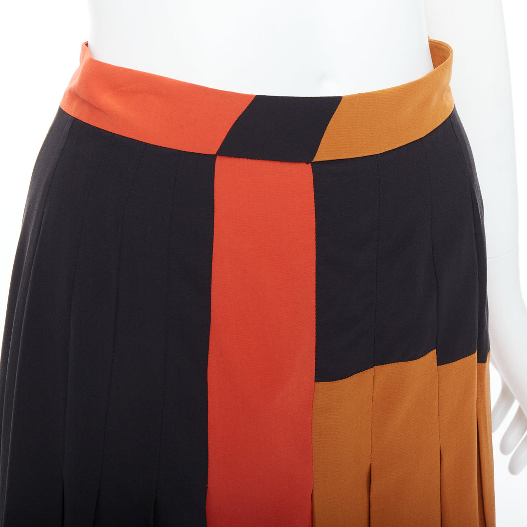 BOTTEGA VENETA 100% silk  black orange brown colorblock pleated skirt IT36 XXS