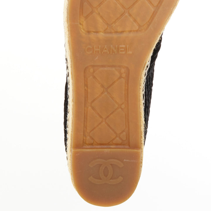 CHANEL black velvet grosgrain CC logo cap toe slip on flat espadrilles EU39