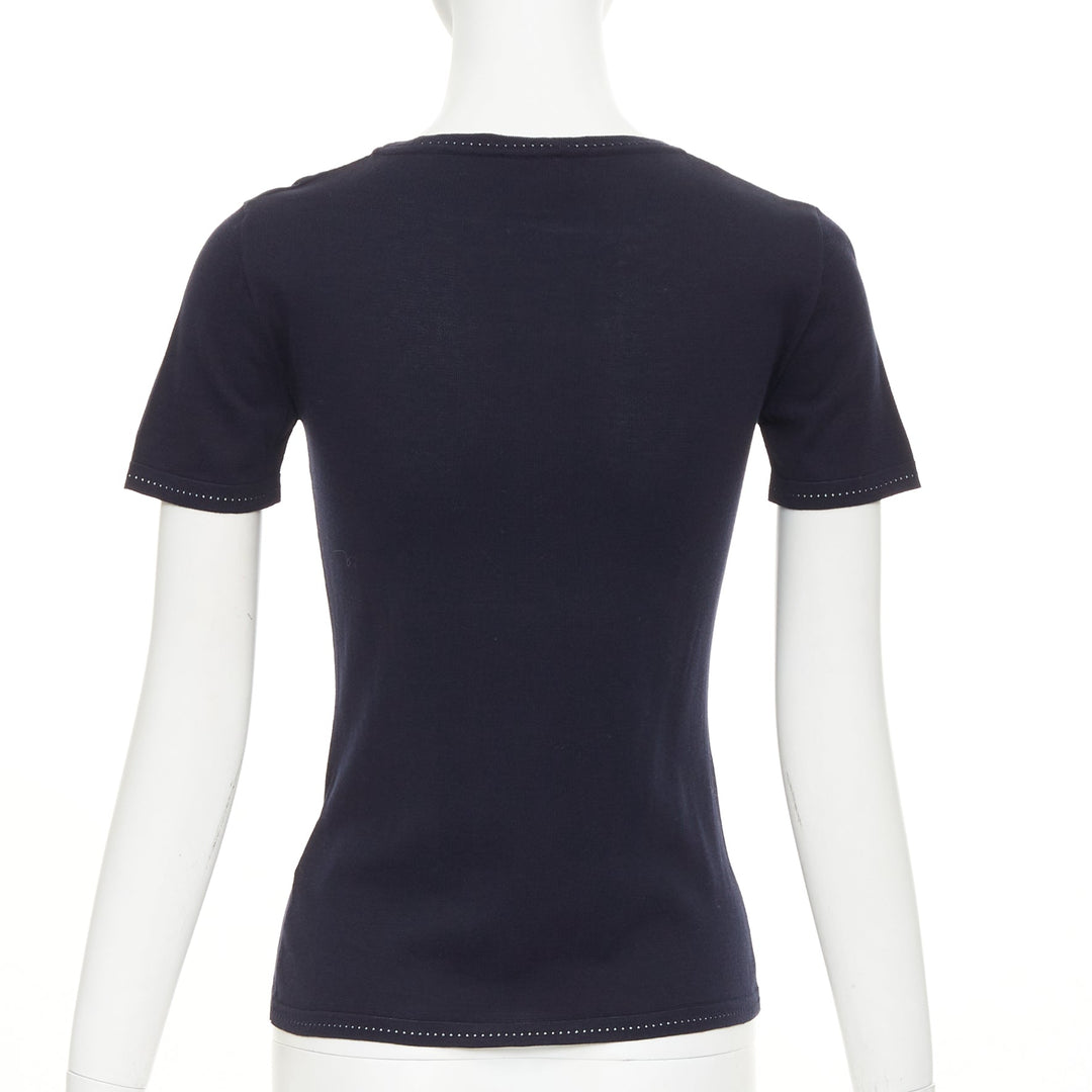 CHANEL SPORT 07C Vintage vertical logo intarsia knit short sleeve top FR34 XXS