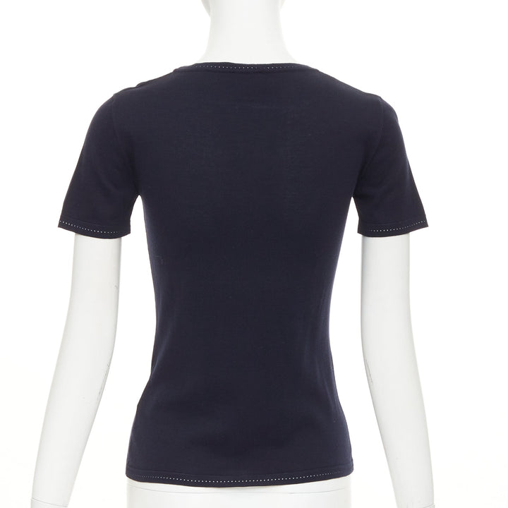 CHANEL SPORT 07C Vintage vertical logo intarsia knit short sleeve top FR34 XXS