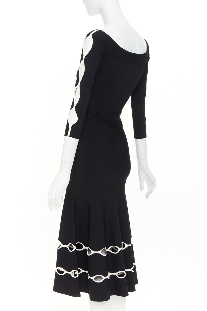 ALEXANDER MCQUEEN 2018 black knit white scalloped openwork bateau midi dress S