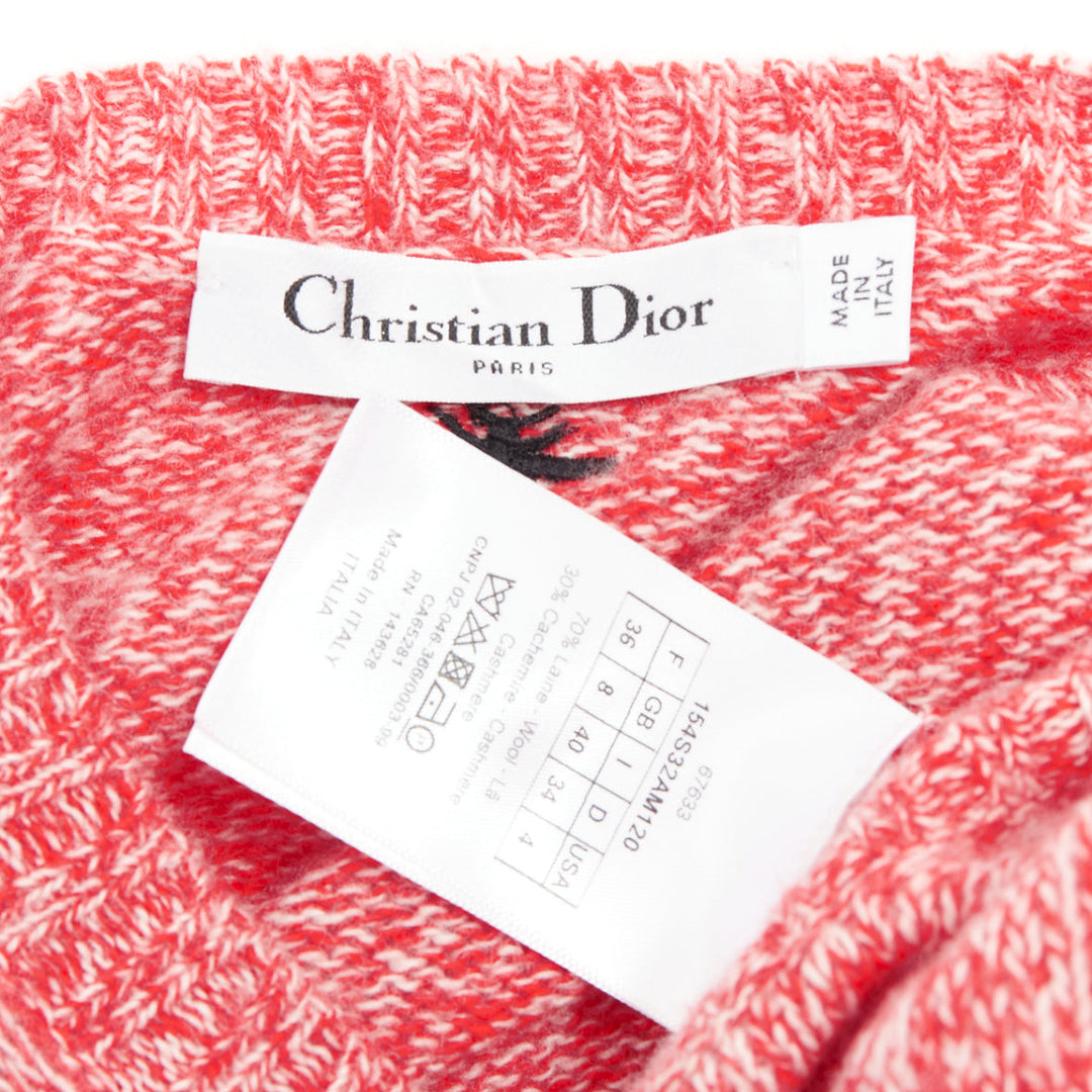 DIOR 2021 Dioramour red cream wool cashmere heart sweater FR36 S