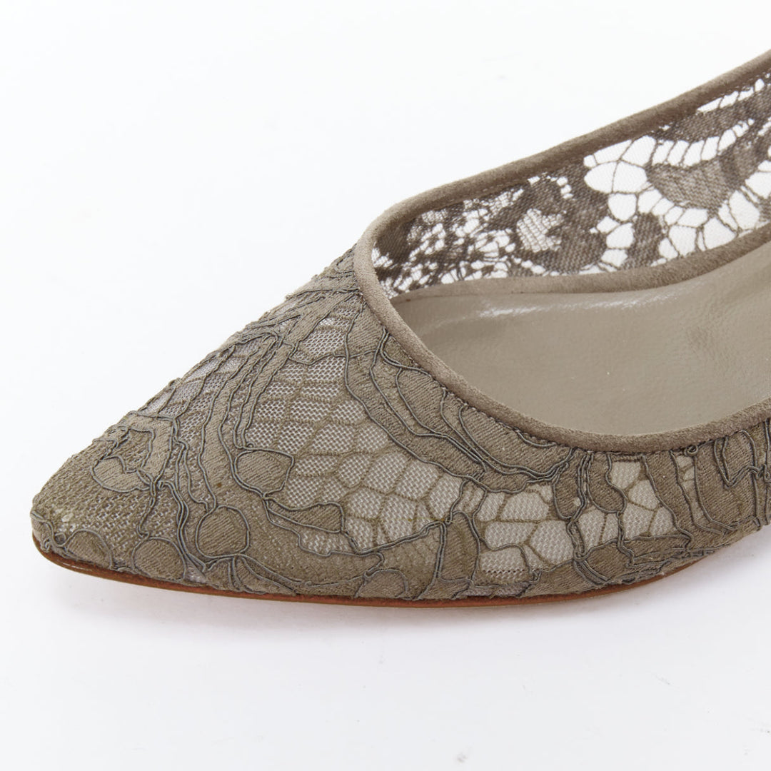 MANOLO BLAHNIK grey lace suede pointy toes flat shoes EU37.5