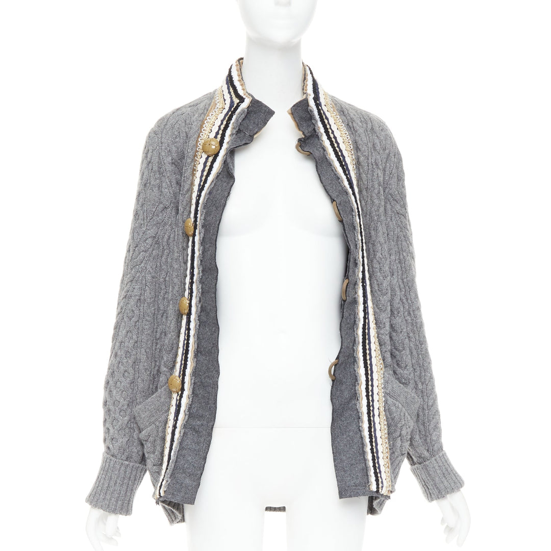 SACAI 2017 grey wool metallic military baroque trim cable knit cardigan JP1 S