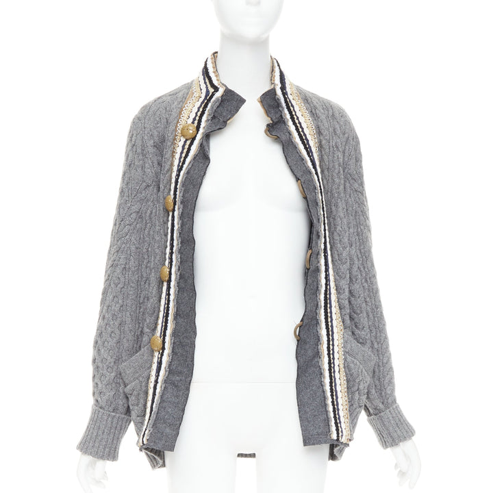 SACAI 2017 grey wool metallic military baroque trim cable knit cardigan JP1 S