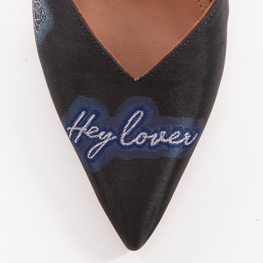 MALONE SOULIERS Marla Hey Lover blue black brocade satin strapped mules EU37
