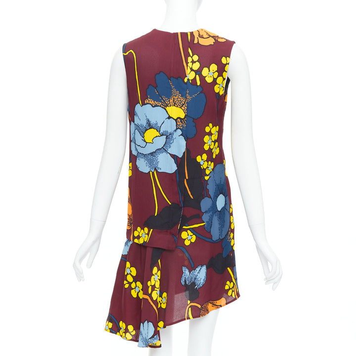 MARNI burgundy yellow blue floral print asymmetric hem dress IT38 XS