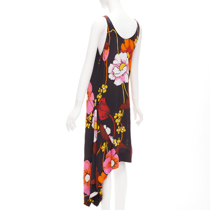 MARNI black oversied floral print drape handkerchief hem sleeveless dress IT42 M